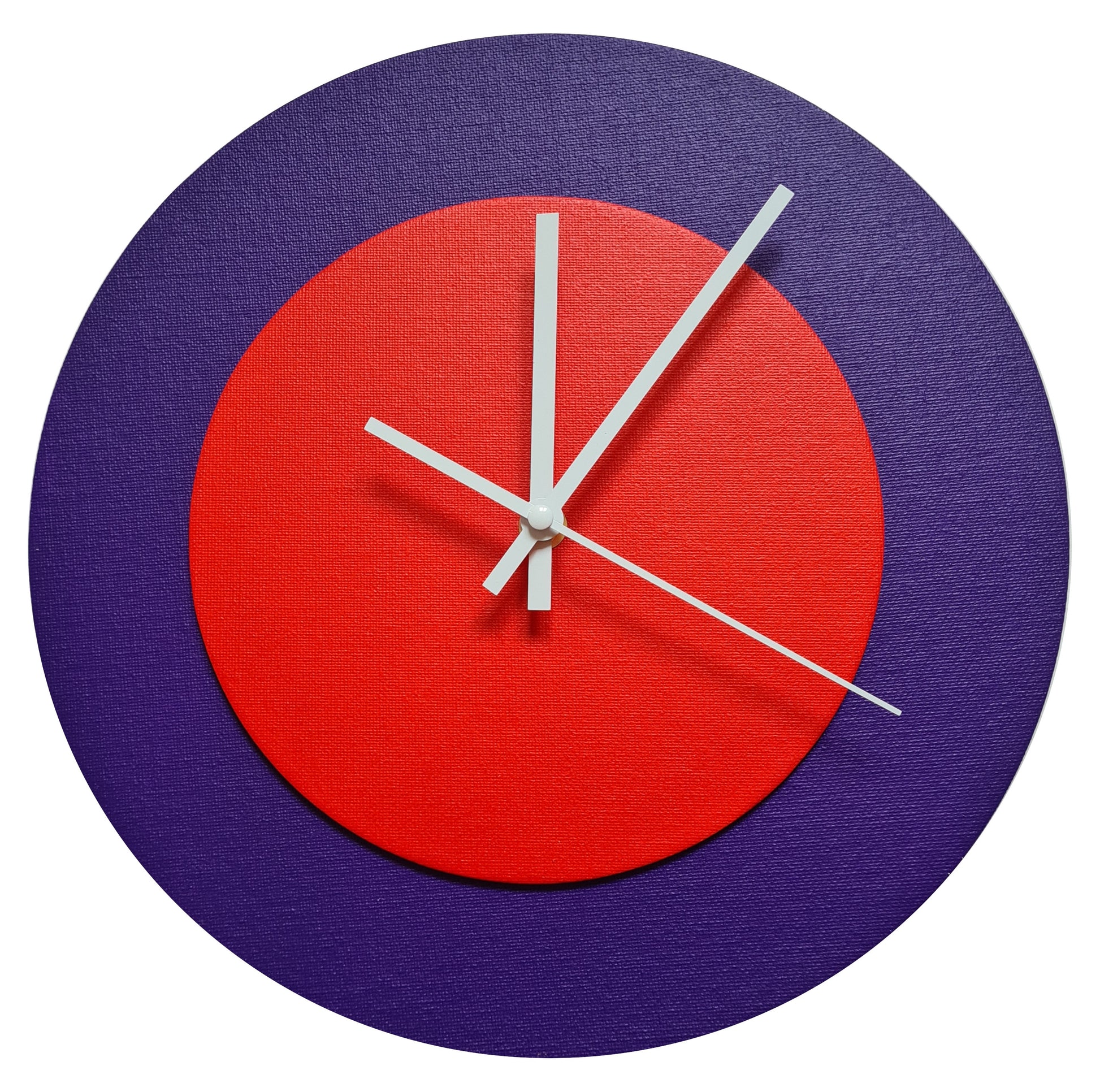 Pop Art Wanduhr Lila  Orangefarben mit weißen Zeigern 30 cm rund
