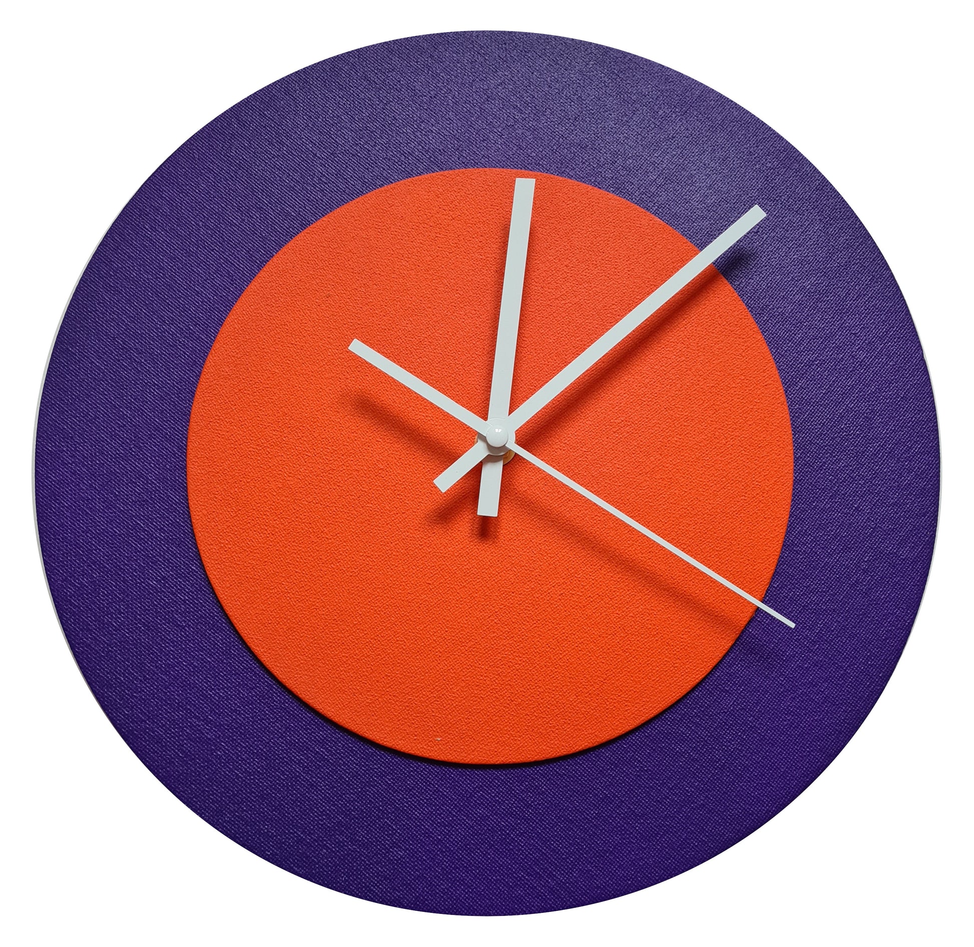 Pop Art Wanduhr Lila  Orangefarben mit weißen Zeigern 30 cm rund
