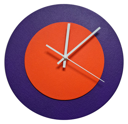 Pop Art Wanduhr Lila  Orangefarben mit weißen Zeigern 30 cm rund
