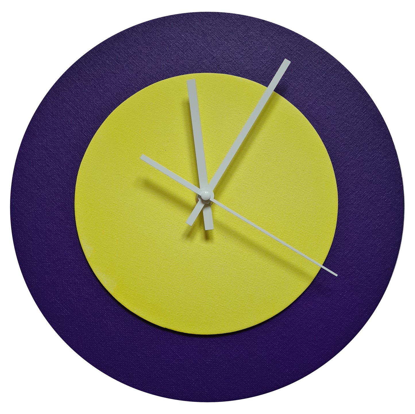 Pop Art Wanduhr Lila  Hellgelb mit weißen Zeigern 30 cm rund
