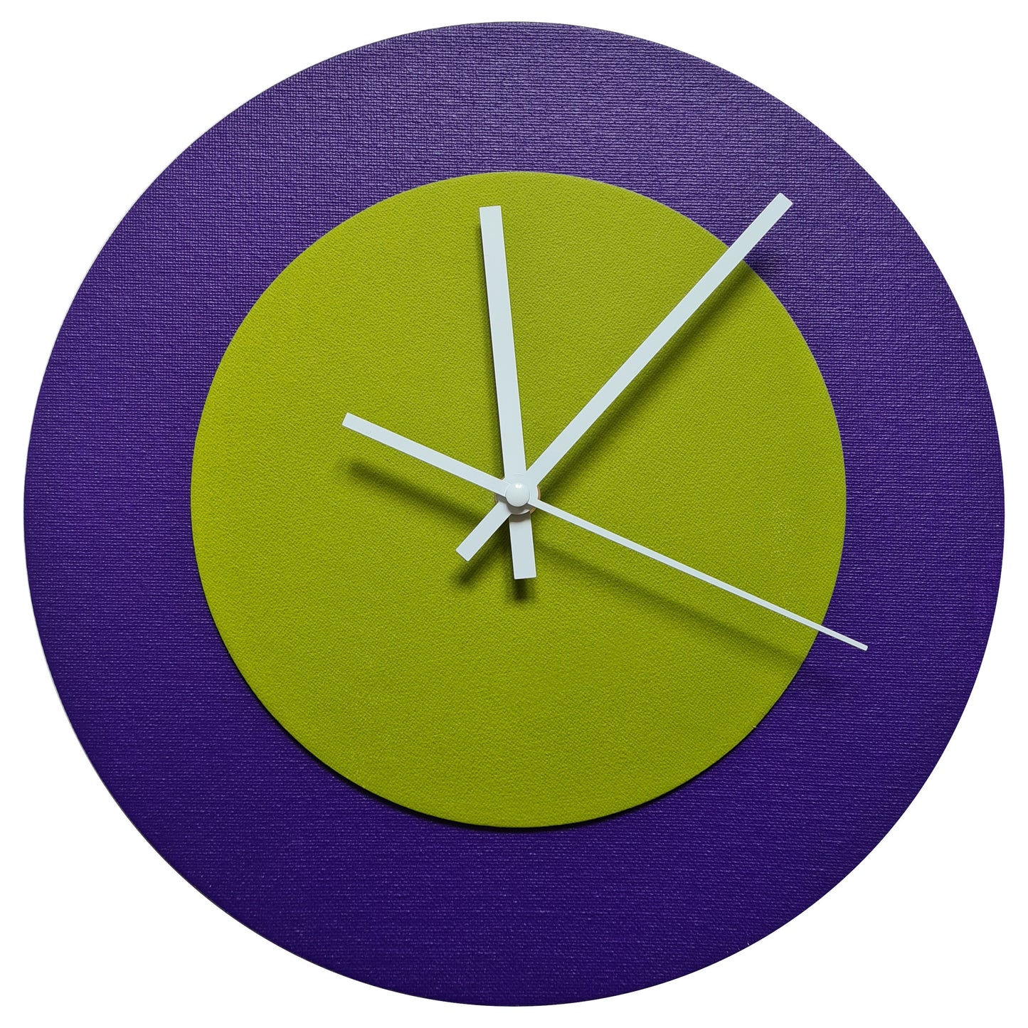 Pop Art Wanduhr Lila  Olivgrün mit weißen Zeigern 30 cm rund
