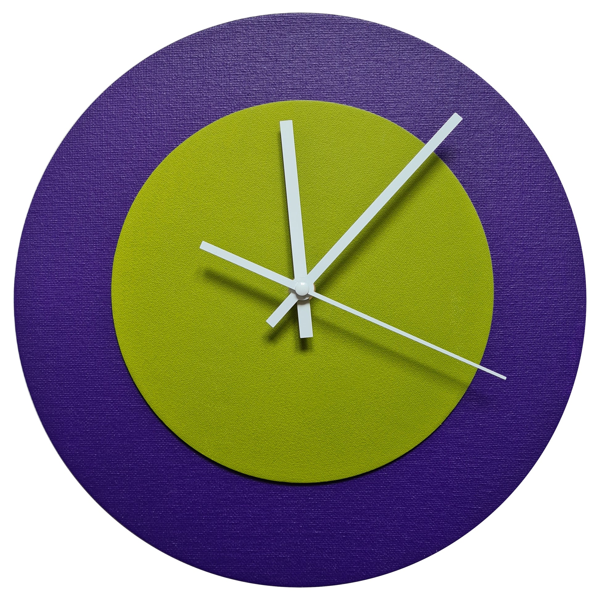 Pop Art Wanduhr Lila  Olivgrün mit weißen Zeigern 30 cm rund
