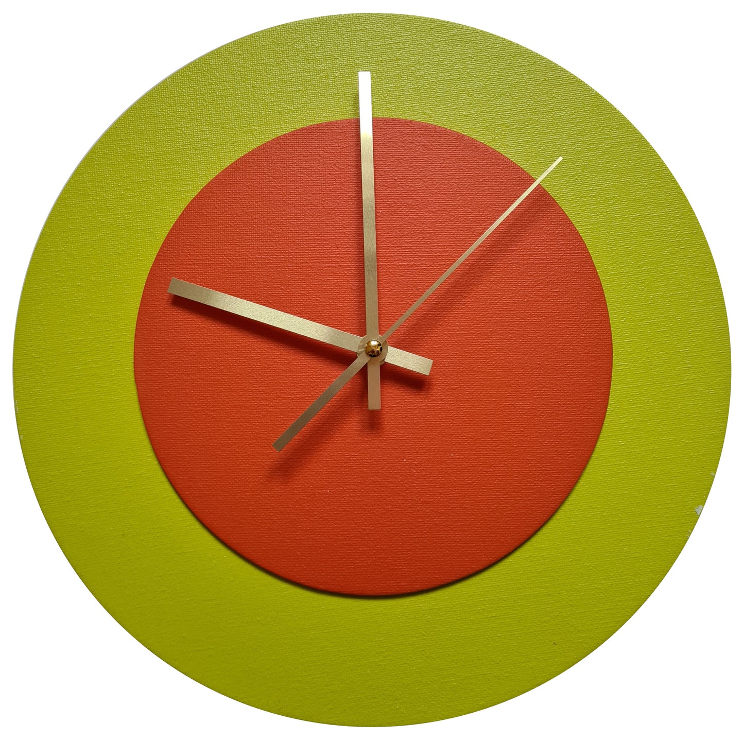 Pop Art Wanduhr Farngrün  Orangefarben mit goldenen Zeigern 30 cm rund
