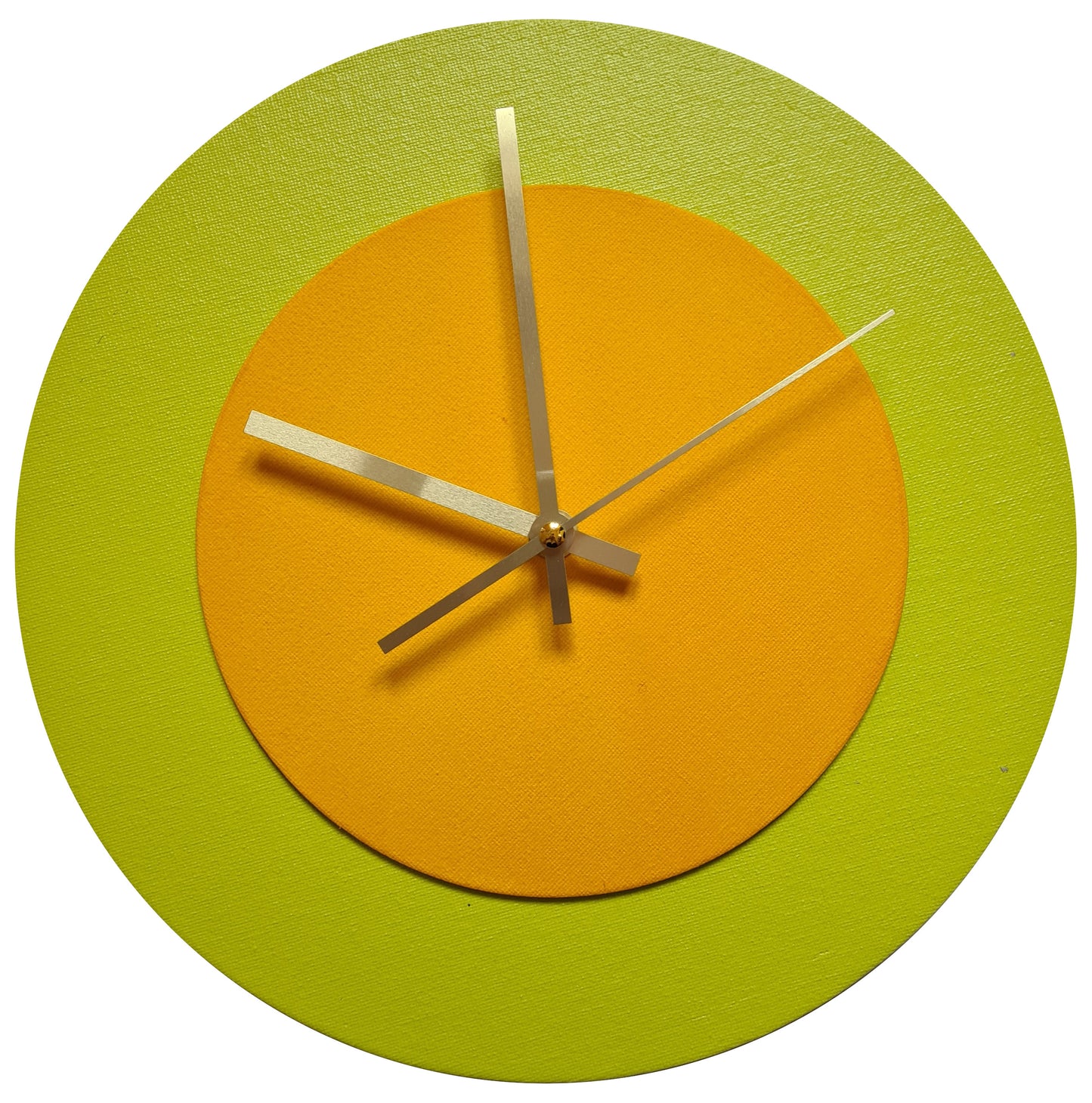 Pop Art Wanduhr Farngrün  Sonnengelb mit goldenen Zeigern 30 cm rund
