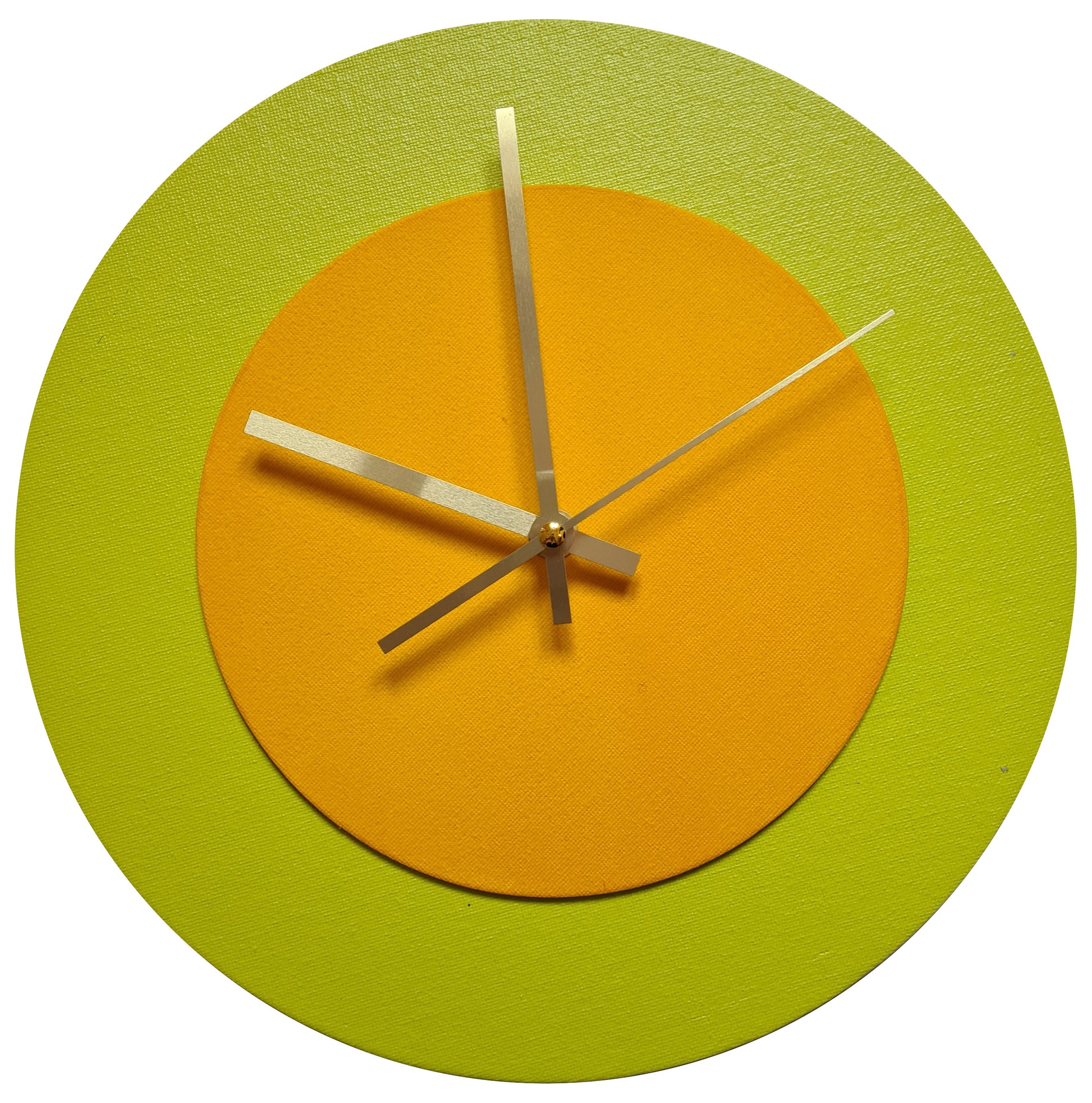 Pop Art Wanduhr Farngrün  Sonnengelb mit goldenen Zeigern 30 cm rund
