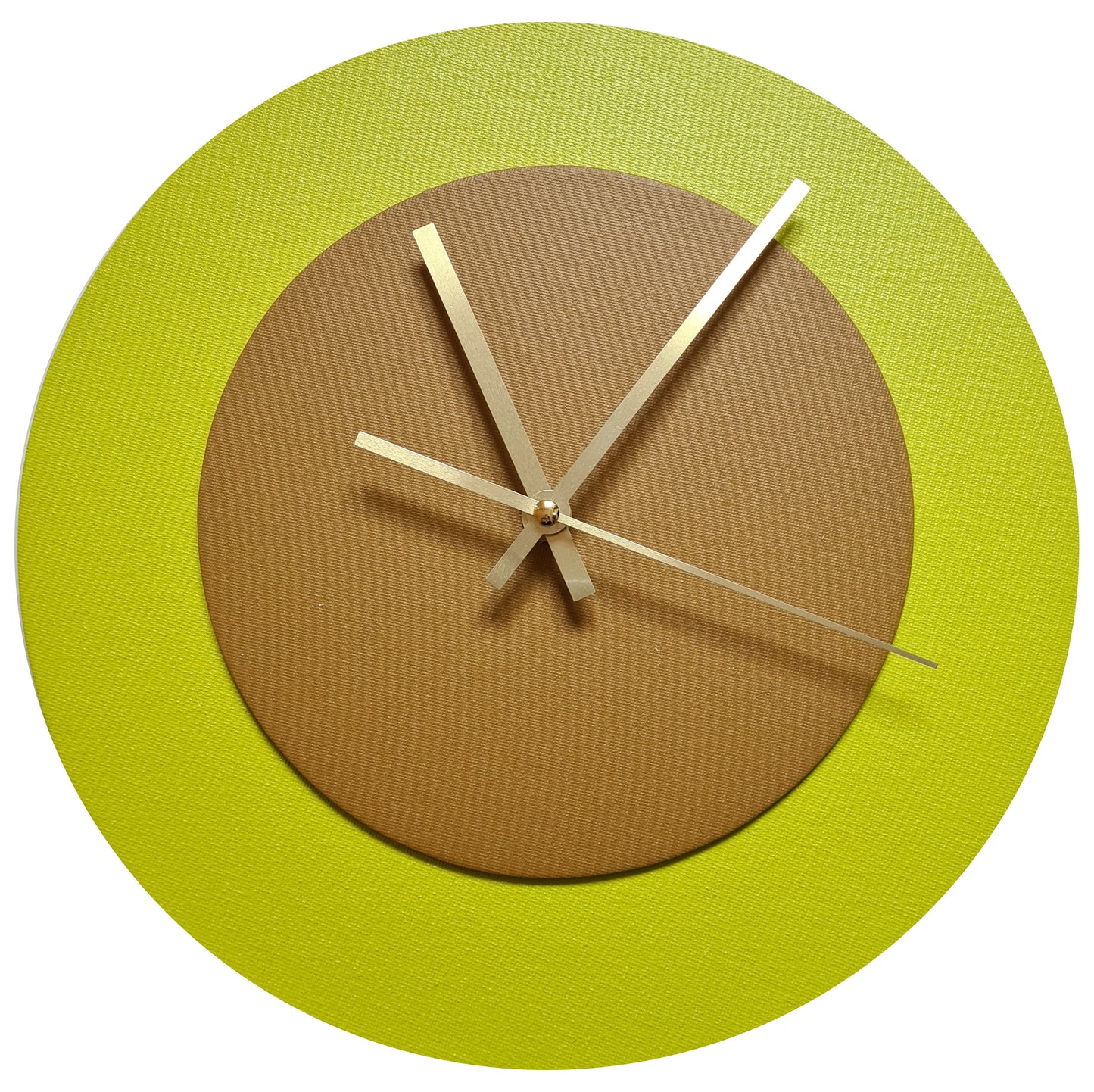Pop Art Wanduhr Farngrün  Hellbraun mit goldenen Zeigern 30 cm rund
