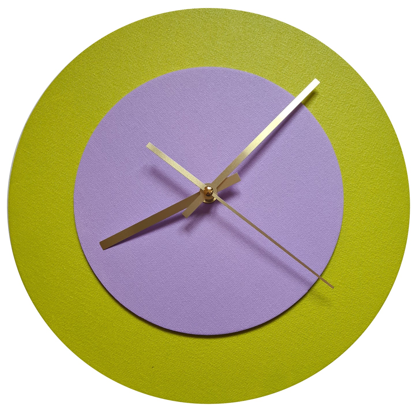 Pop Art Wanduhr Farngrün  Fliederfarben mit goldenen Zeigern 30 cm rund

