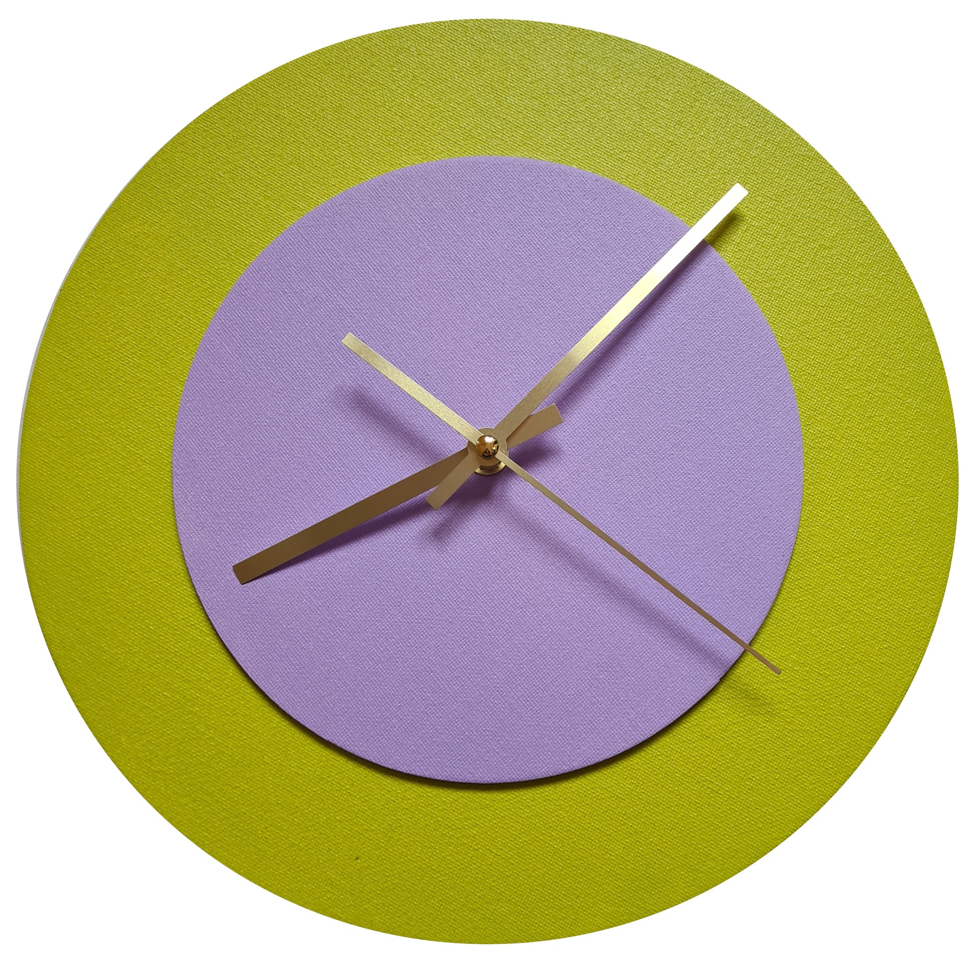 Pop Art Wanduhr Farngrün  Fliederfarben mit goldenen Zeigern 30 cm rund
