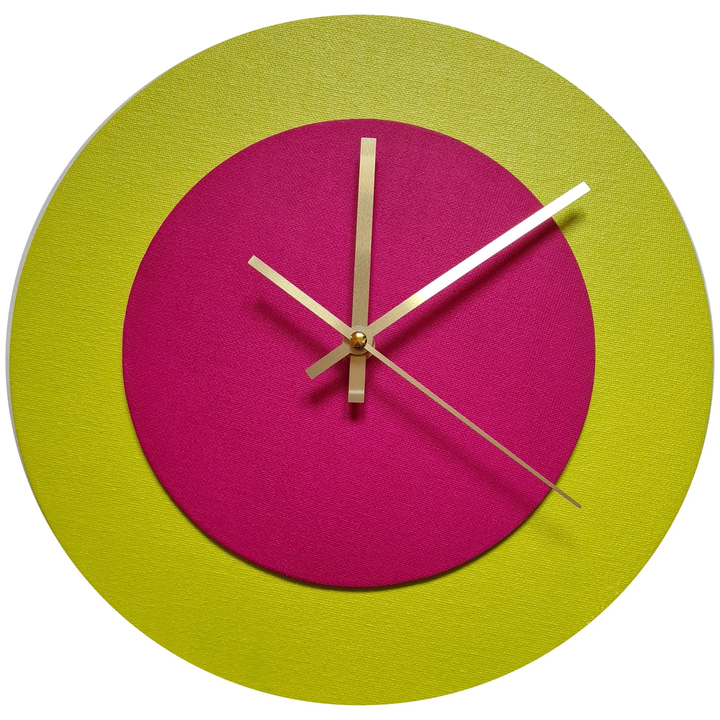 Pop Art Wanduhr Farngrün  Magentafarben mit goldenen Zeigern 30 cm rund

