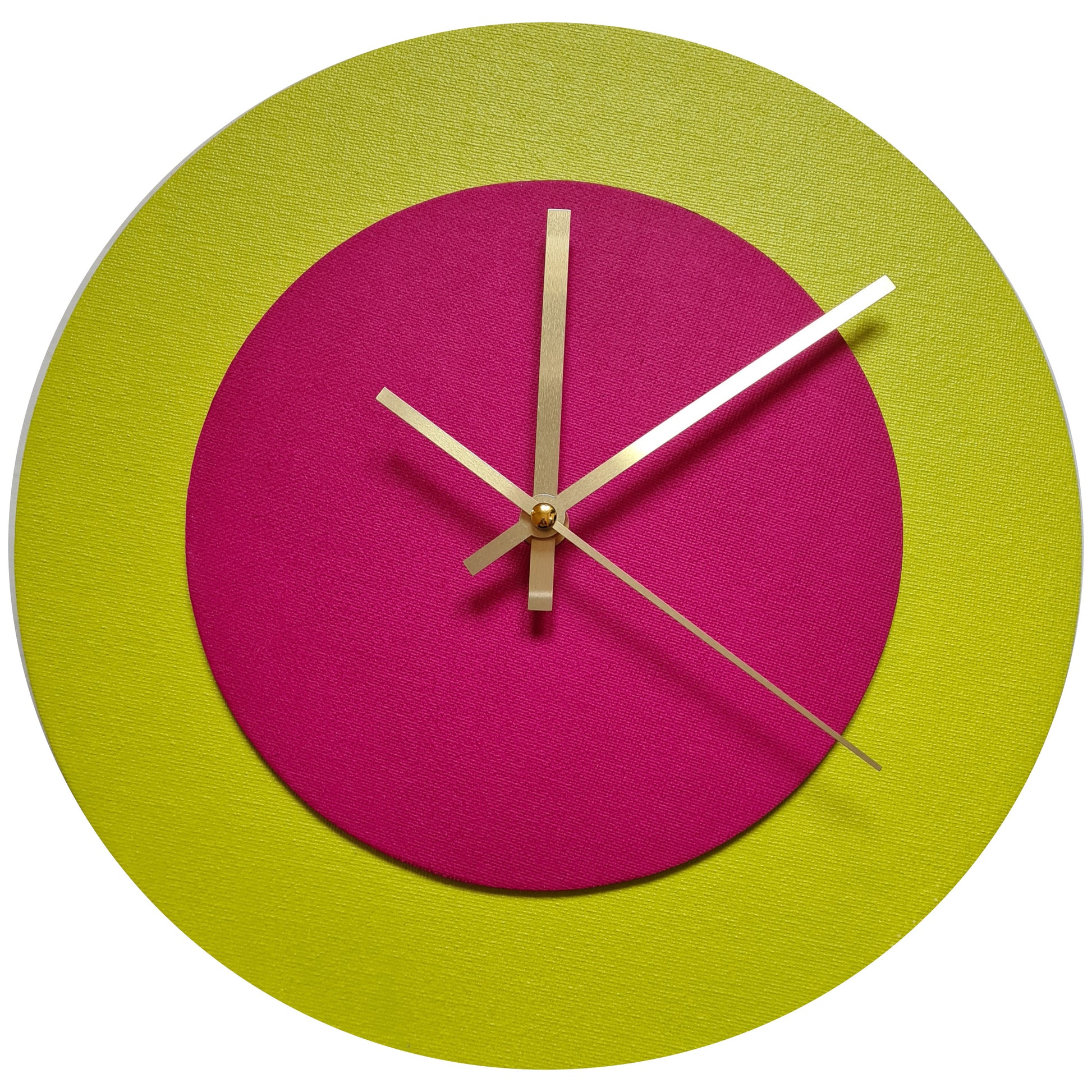 Pop Art Wanduhr Farngrün  Magentafarben mit goldenen Zeigern 30 cm rund
