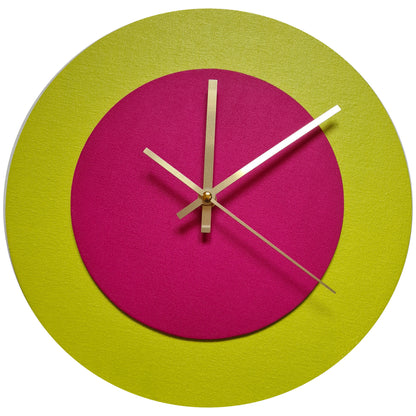 Pop Art Wanduhr Farngrün  Magentafarben mit goldenen Zeigern 30 cm rund
