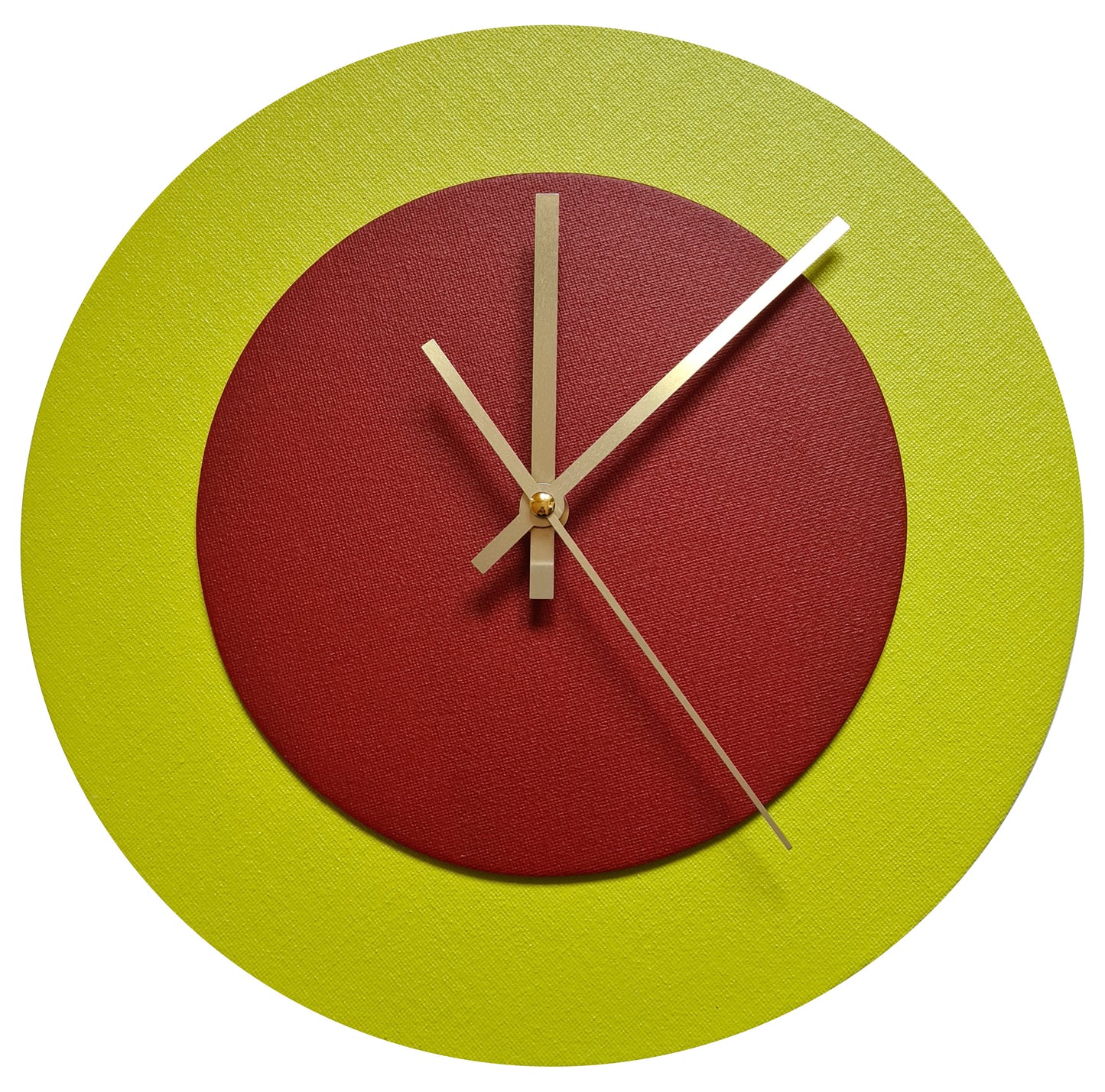 Pop Art Wanduhr Farngrün  Dunkelrot mit goldenen Zeigern 30 cm rund
