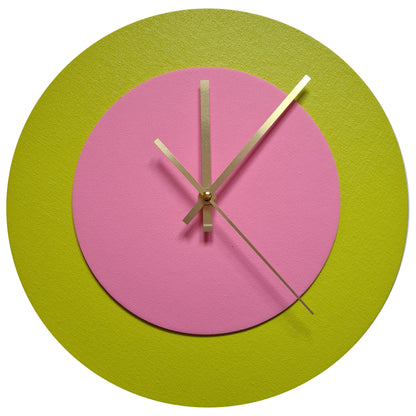 Pop Art Wanduhr Farngrün  Rosafarben mit goldenen Zeigern 30 cm rund

