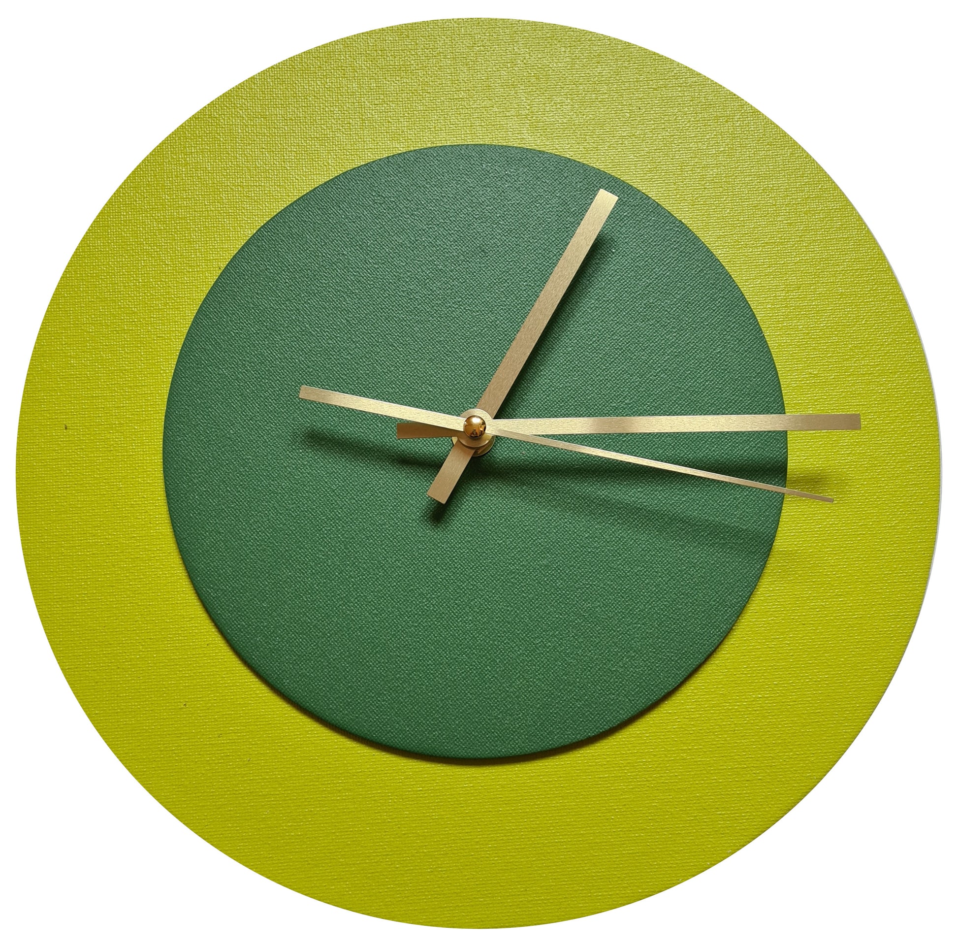 Pop Art Wanduhr Farngrün  Laubgrün mit goldenen Zeigern 30 cm rund
