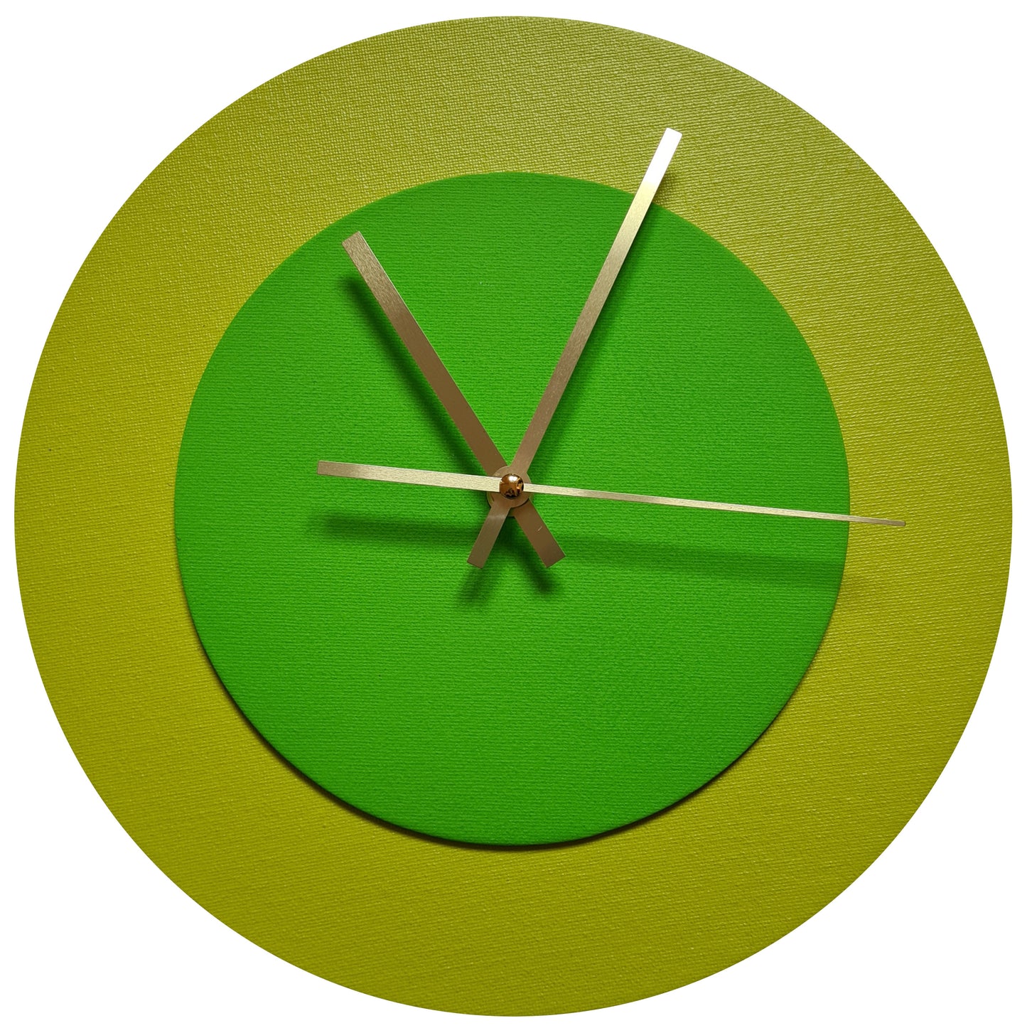 Pop Art Wanduhr Farngrün  Hellgrün mit goldenen Zeigern 30 cm rund
