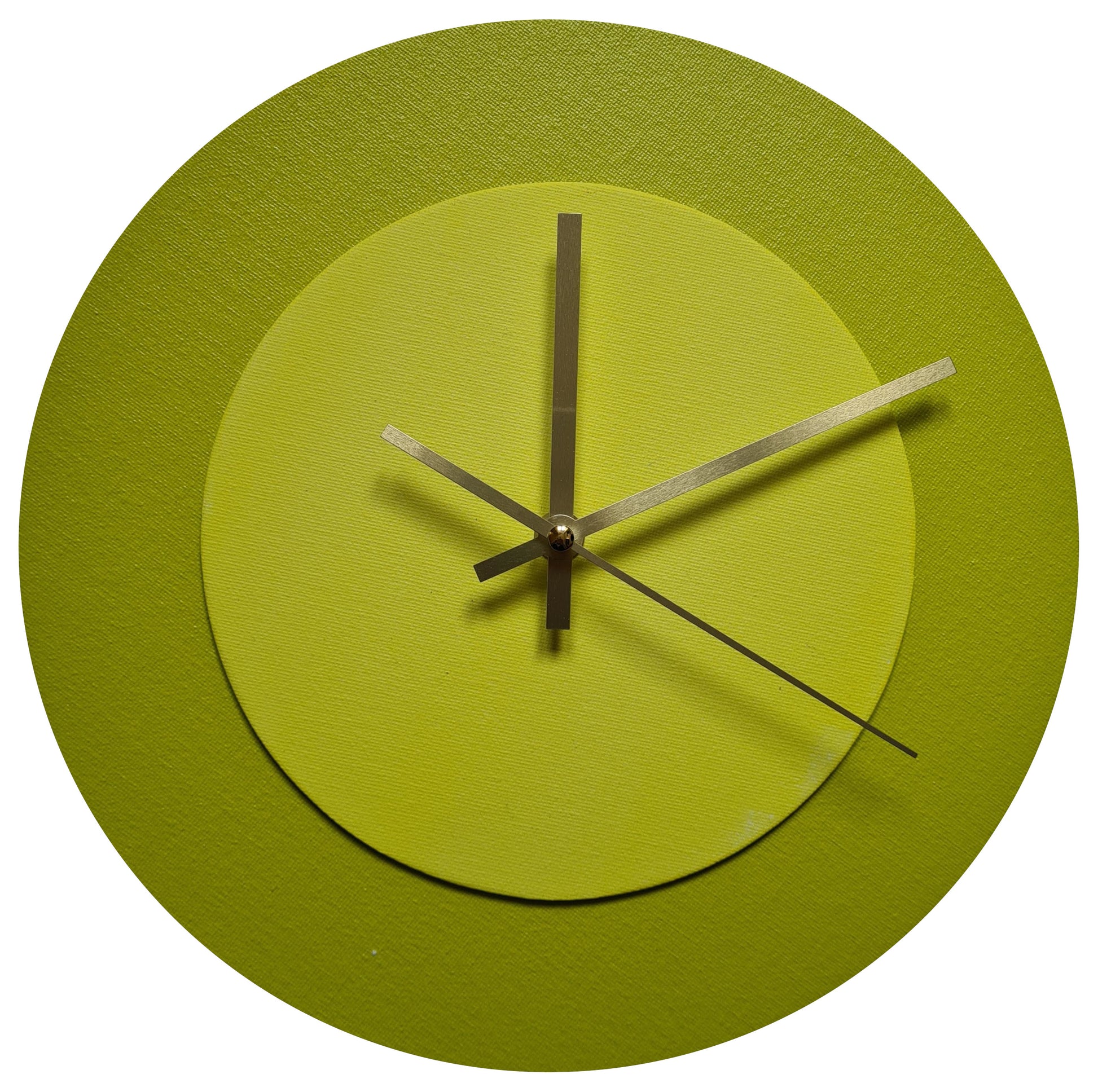 Pop Art Wanduhr Farngrün  Hellgelb mit goldenen Zeigern 30 cm rund
