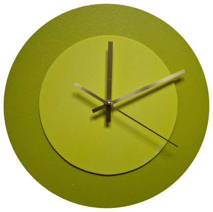 Pop Art Wanduhr Farngrün  Hellgelb mit goldenen Zeigern 30 cm rund
