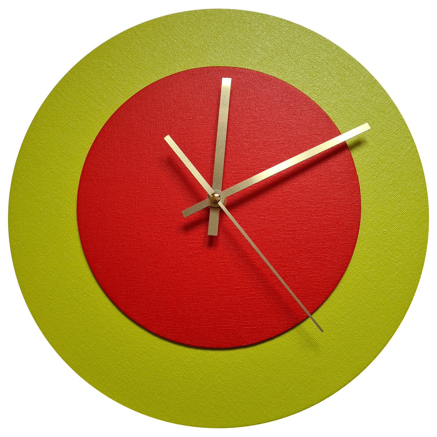 Pop Art Wanduhr Farngrün  Orangefarben mit goldenen Zeigern 30 cm rund
