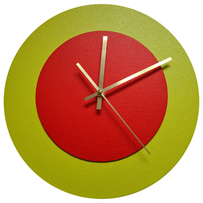 Pop Art Wanduhr Farngrün  Orangefarben mit goldenen Zeigern 30 cm rund
