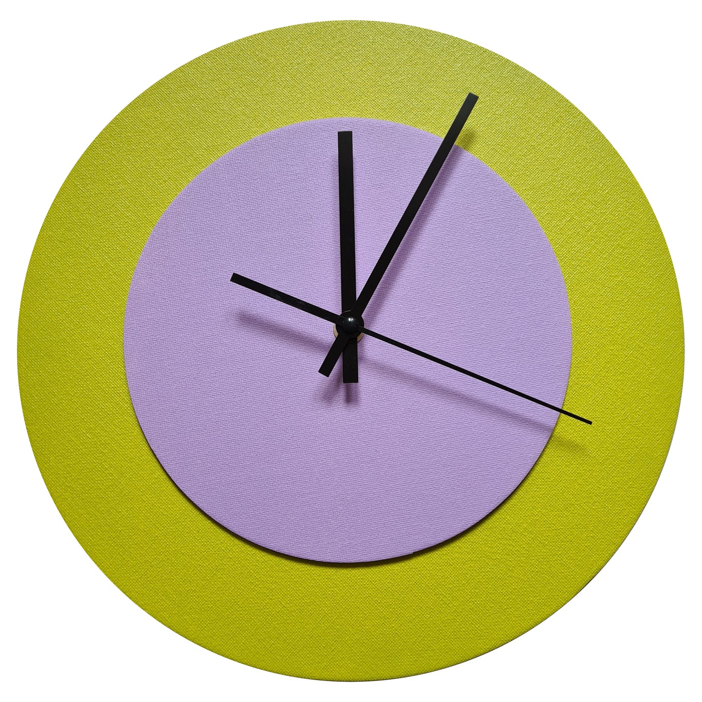 Pop Art Wanduhr Farngrün  Fliederfarben mit schwarzen Zeigern 30 cm rund
