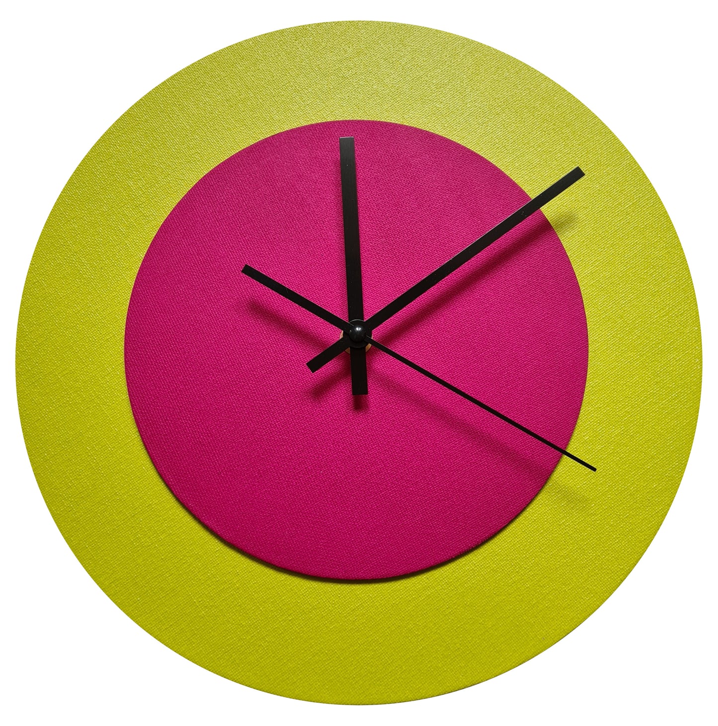 Pop Art Wanduhr Farngrün  Magentafarben mit schwarzen Zeigern 30 cm rund
