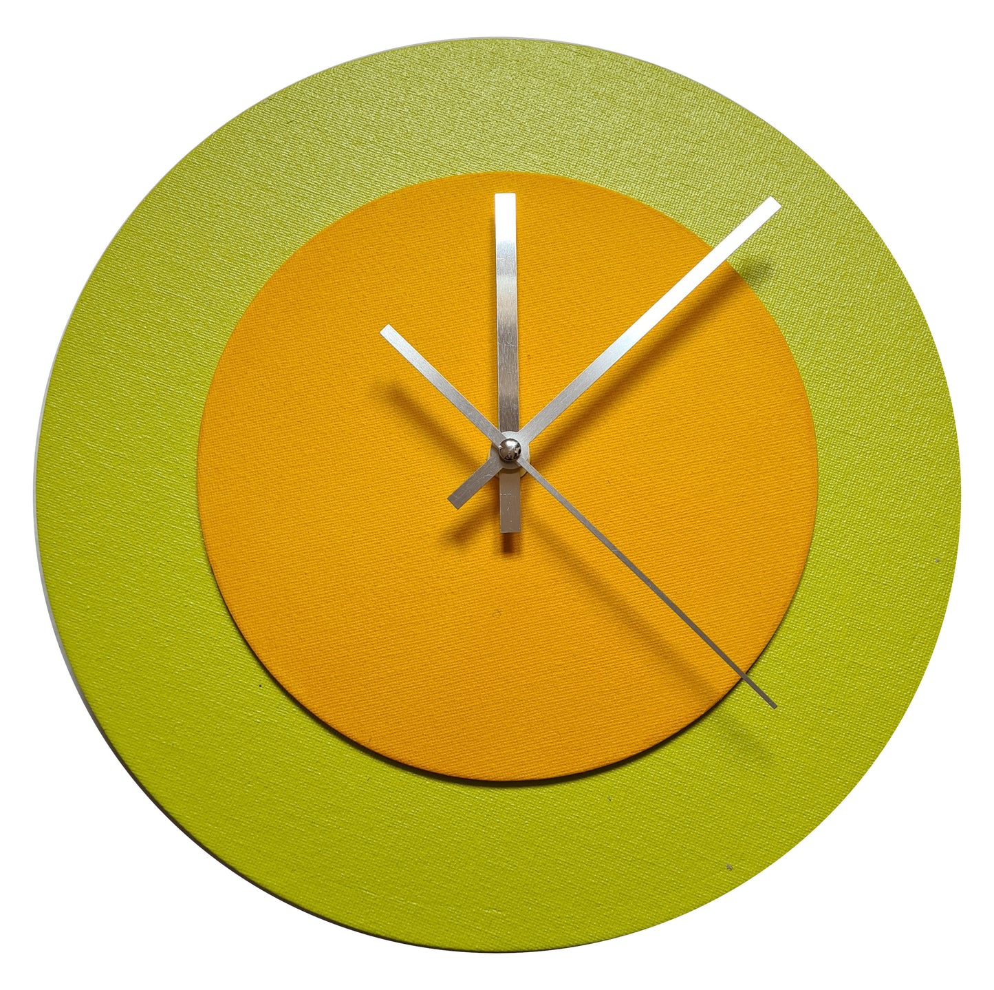 Pop Art Wanduhr Farngrün  Sonnengelb mit silbernen Zeigern 30 cm rund
