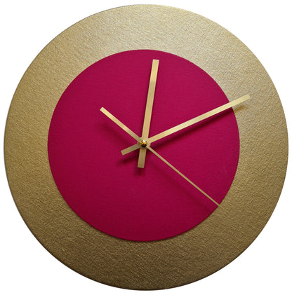 Pop Art Wanduhr Gold Magentafarben mit goldenen Zeigern 30 cm rund