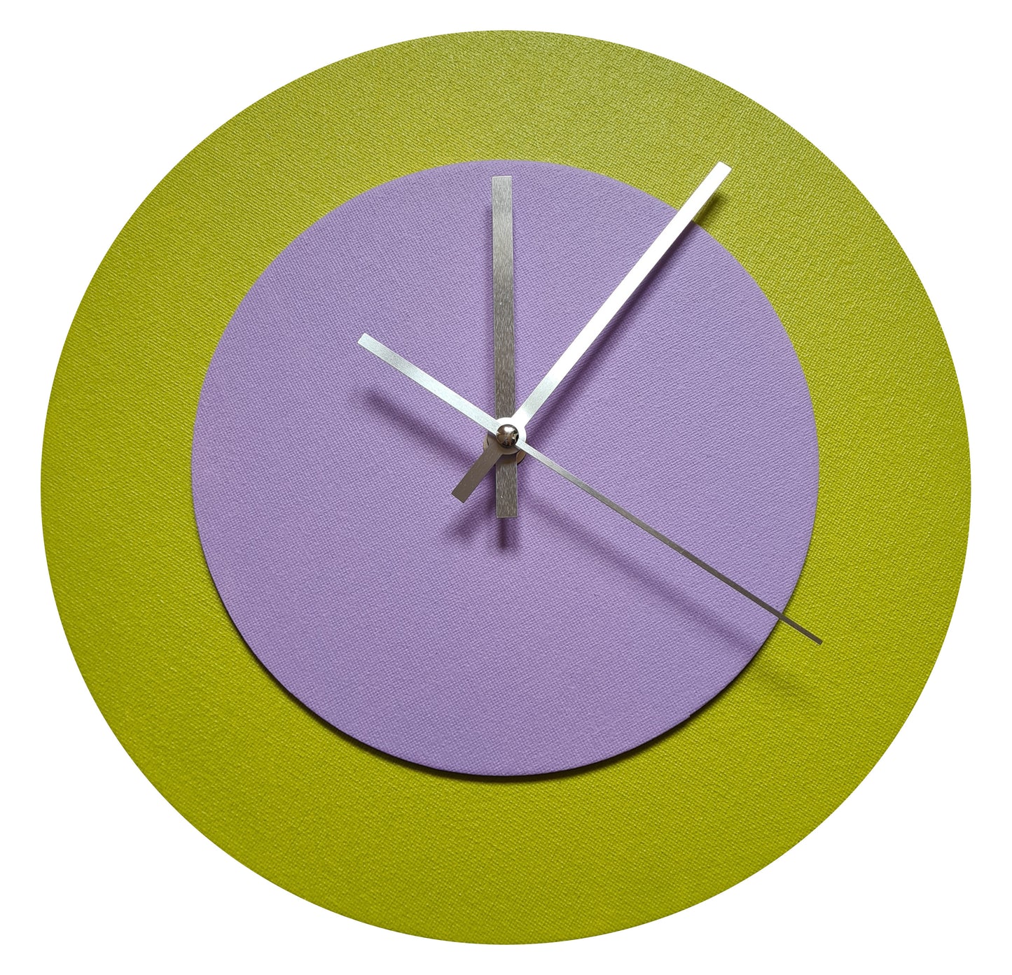 Pop Art Wanduhr Farngrün  Fliederfarben mit silbernen Zeigern 30 cm rund
