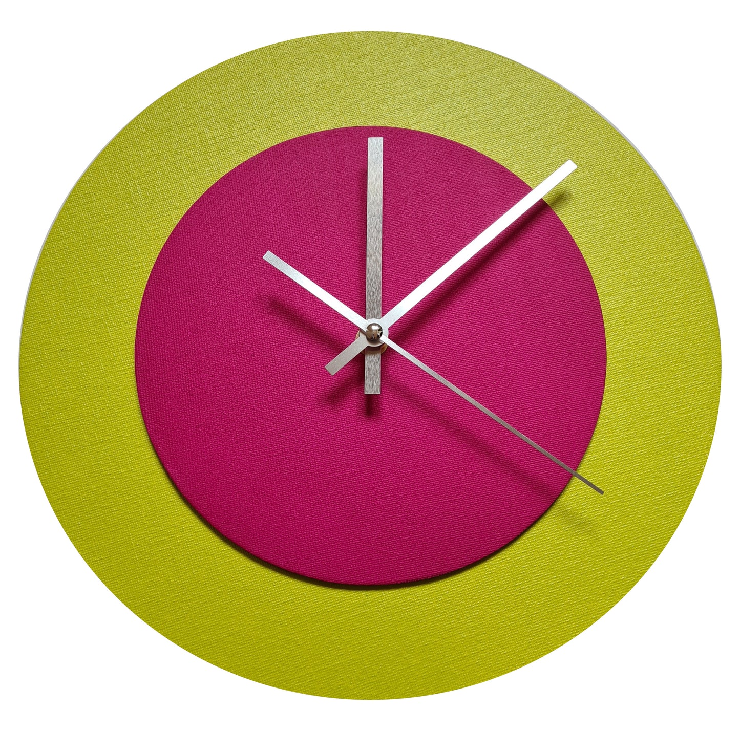 Pop Art Wanduhr Farngrün  Magentafarben mit silbernen Zeigern 30 cm rund
