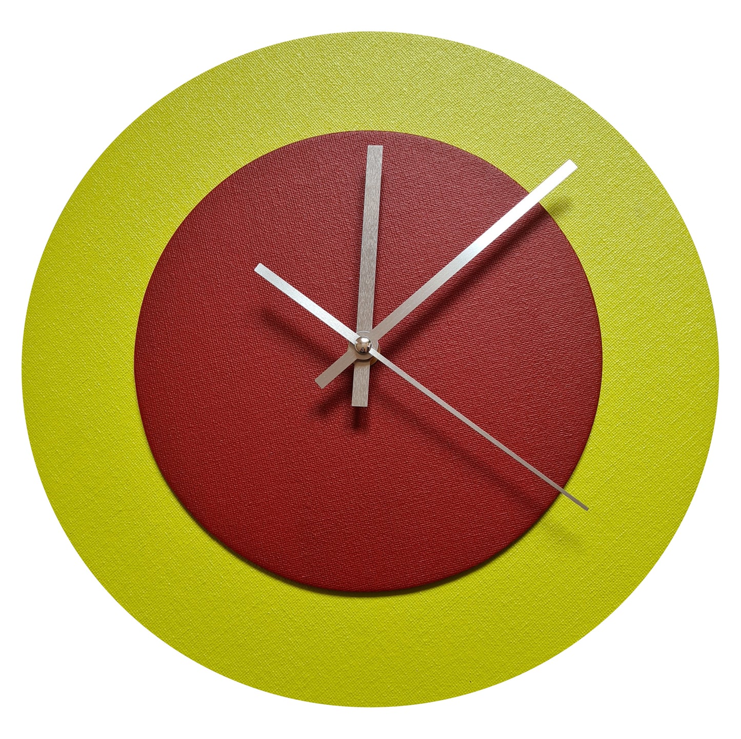 Pop Art Wanduhr Farngrün  Dunkelrot mit  silbernen Zeigern 30 cm rund
