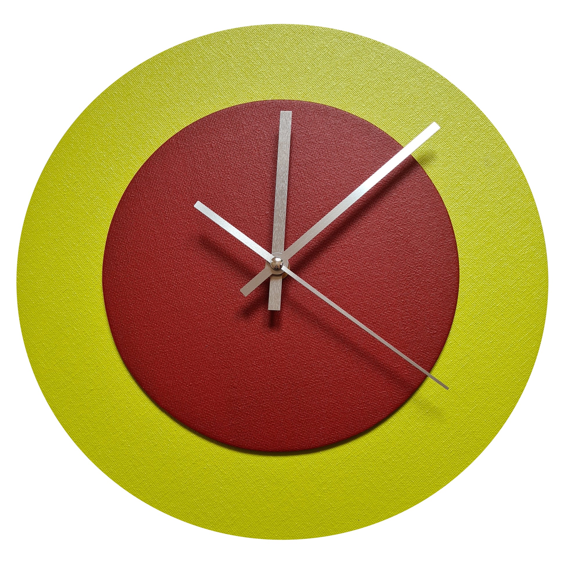 Pop Art Wanduhr Farngrün  Dunkelrot mit  silbernen Zeigern 30 cm rund
