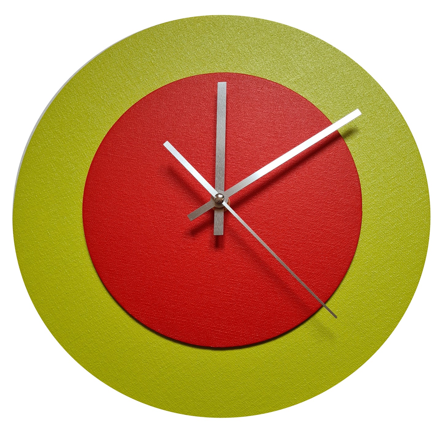Pop Art Wanduhr Farngrün  Hellrot mit silbernen Zeigern 30 cm rund
