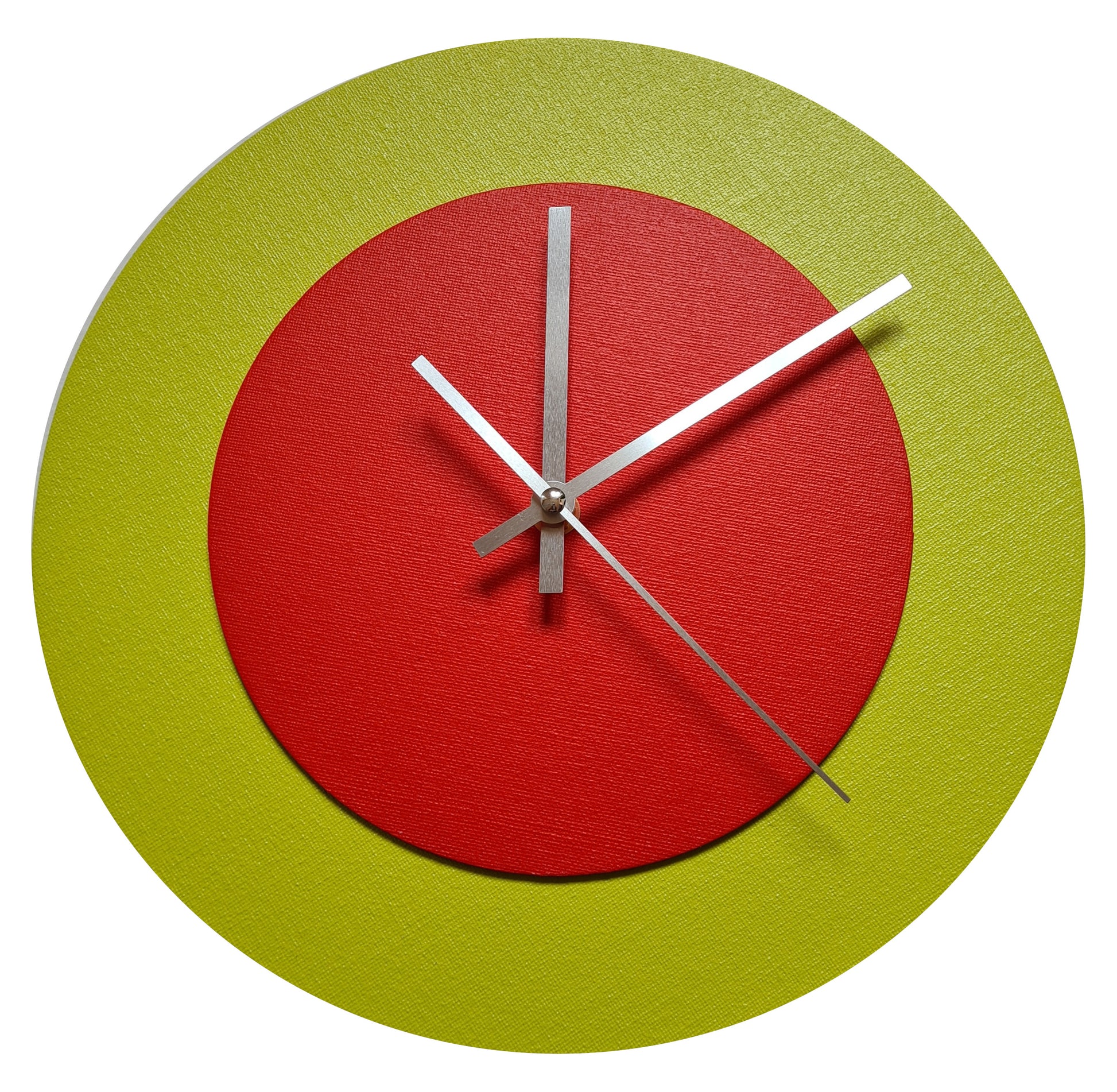 Pop Art Wanduhr Farngrün  Hellrot mit silbernen Zeigern 30 cm rund
