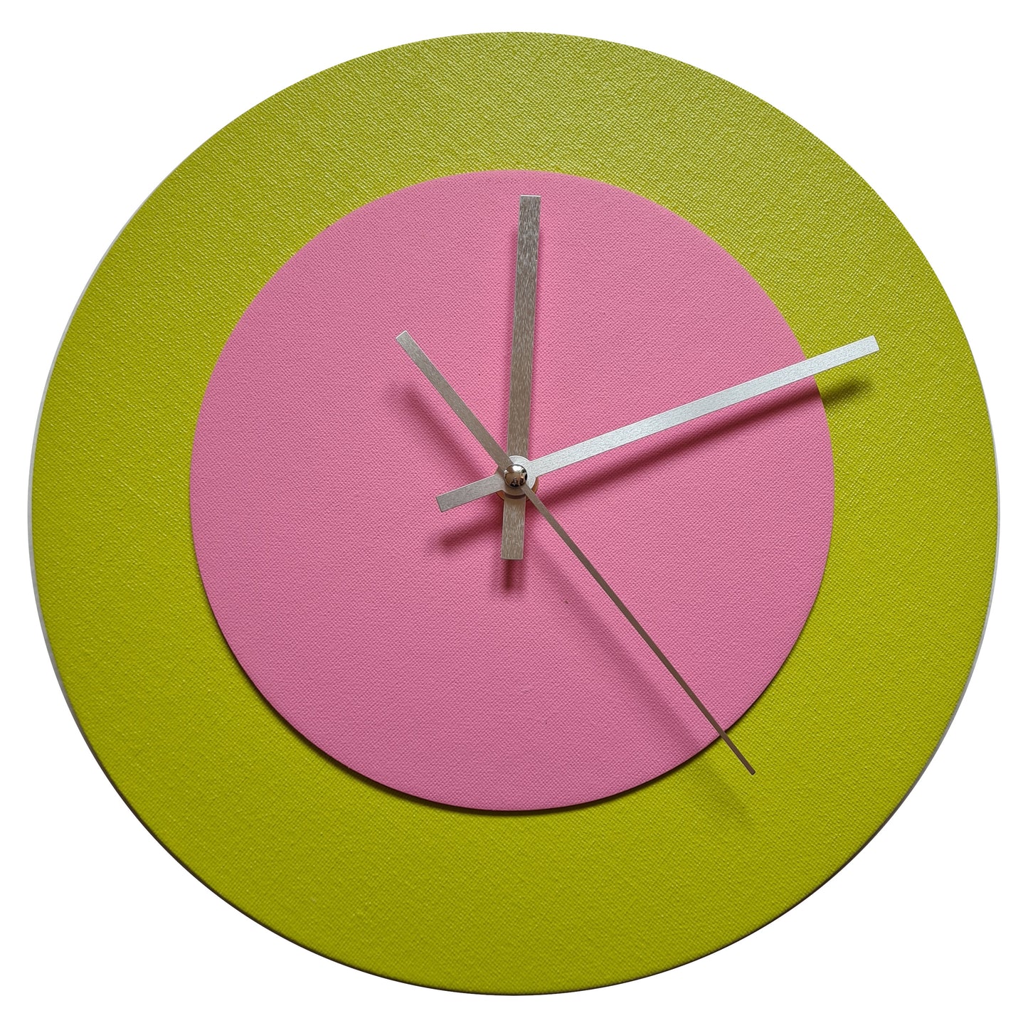 Pop Art Wanduhr Farngrün  Rosafarben mit silbernen Zeigern 30 cm rund
