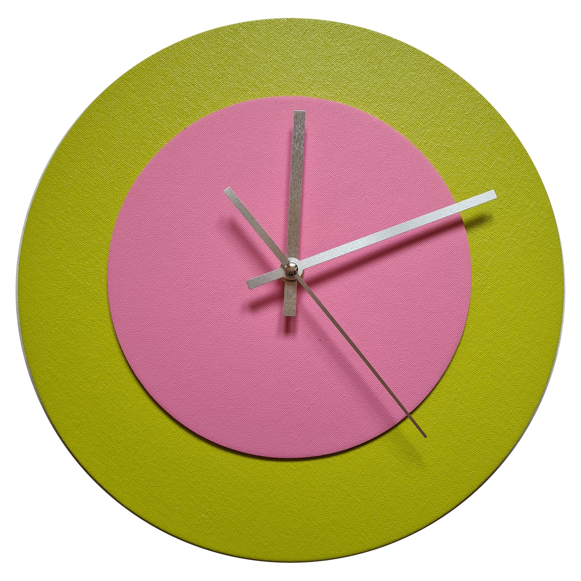 Pop Art Wanduhr Farngrün  Rosafarben mit silbernen Zeigern 30 cm rund
