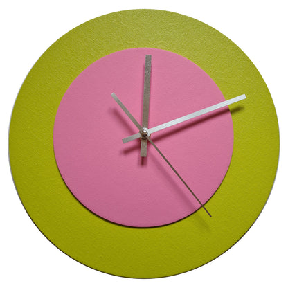 Pop Art Wanduhr Farngrün  Rosafarben mit silbernen Zeigern 30 cm rund
