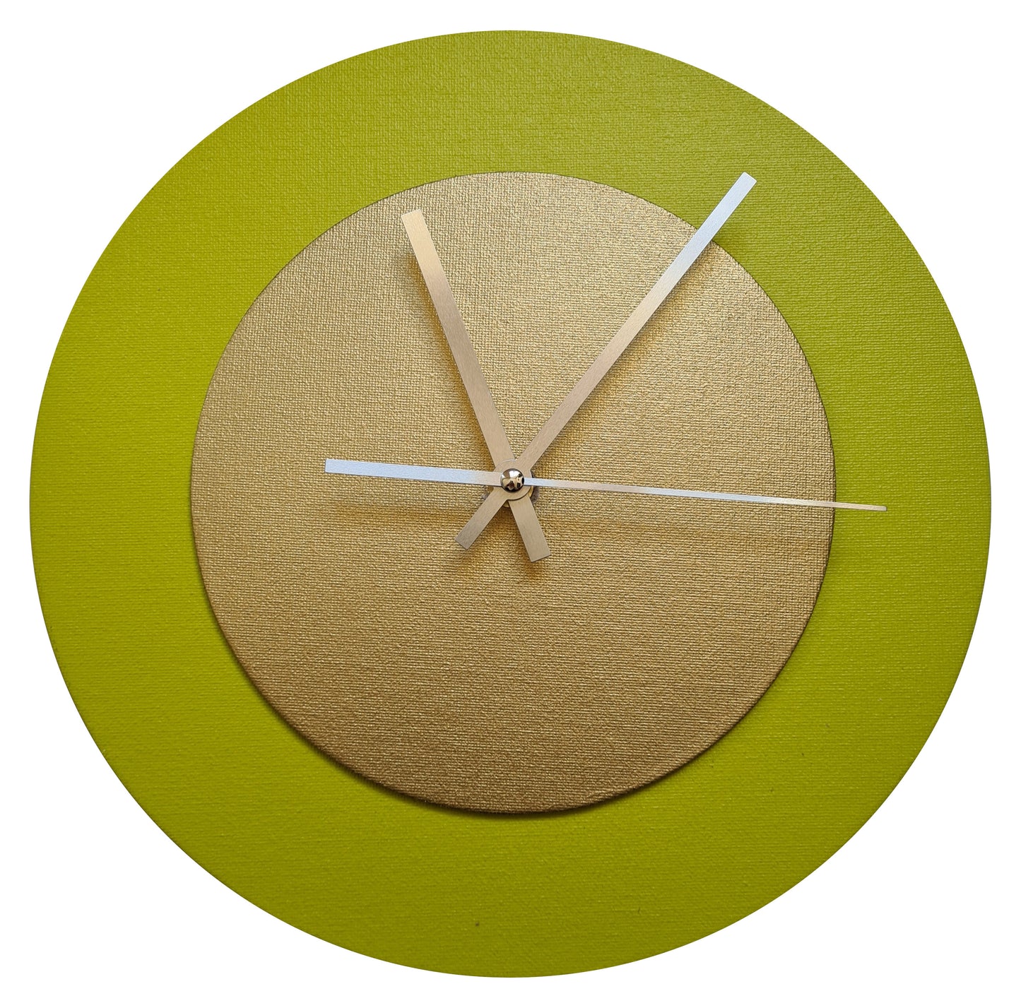 Pop Art Wanduhr Farngrün  Goldfarben mit silbernen Zeigern 30 cm rund
