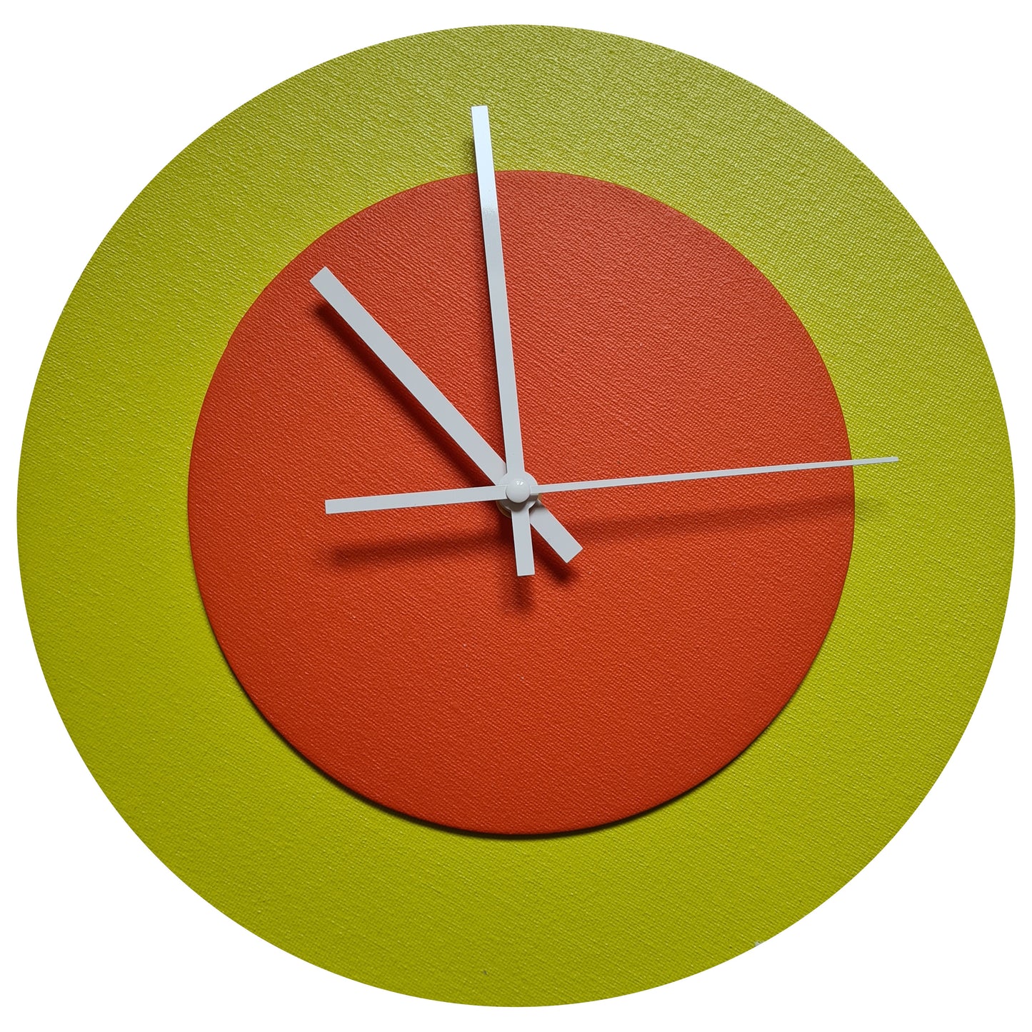 Pop Art Wanduhr Farngrün  Orangefarben mit weißen Zeigern 30 cm rund
