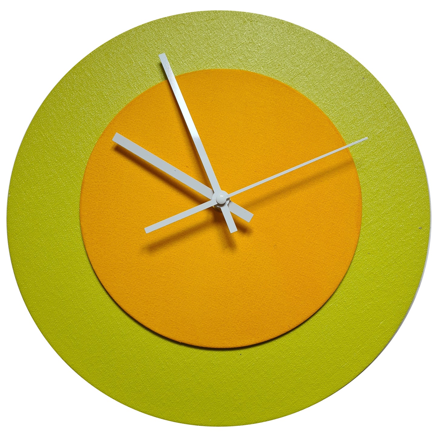Pop Art Wanduhr Farngrün  Sonnengelb mit weißen Zeigern 30 cm rund
