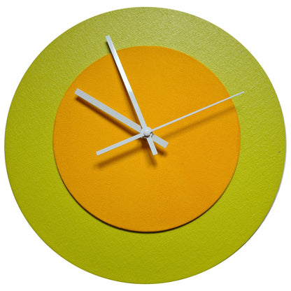 Pop Art Wanduhr Farngrün  Sonnengelb mit weißen Zeigern 30 cm rund
