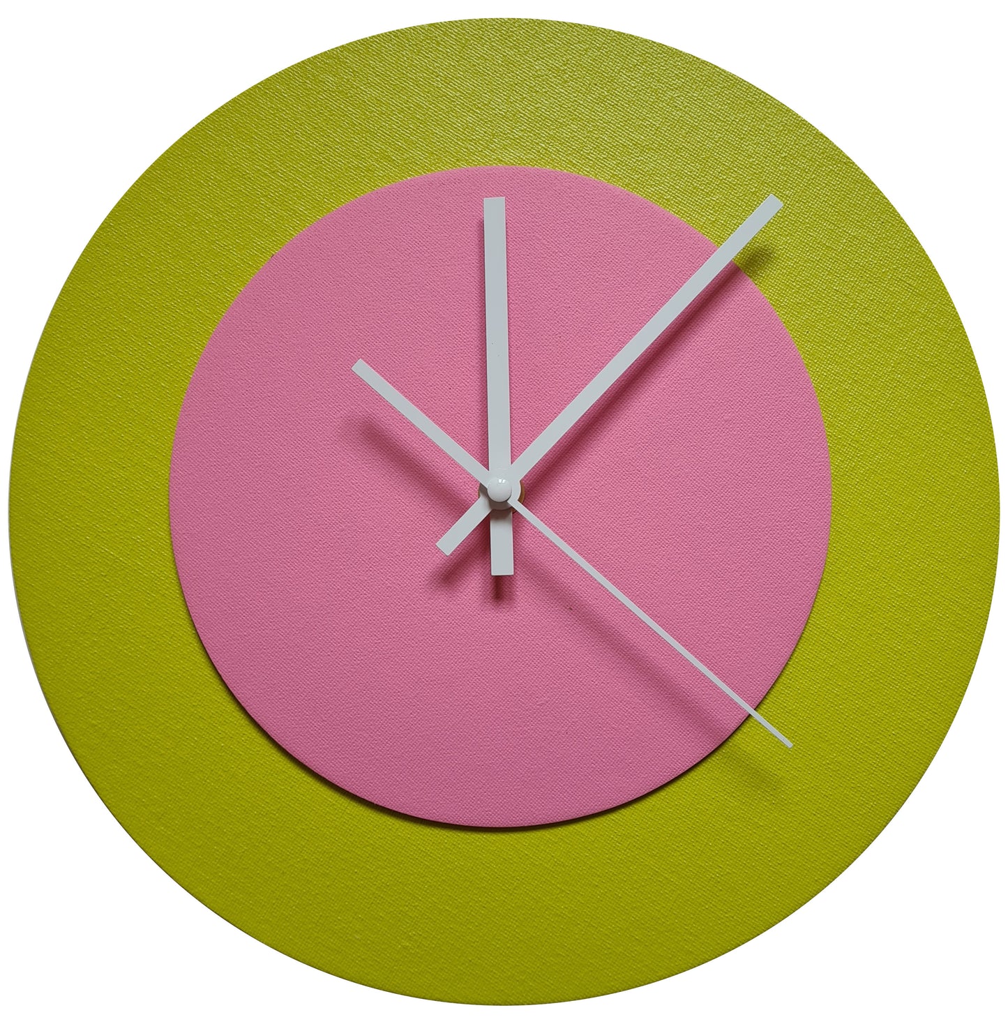 Pop Art Wanduhr Farngrün  Rosafarben mit weißen Zeigern 30 cm rund
