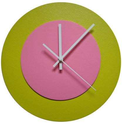 Pop Art Wanduhr Farngrün  Rosafarben mit weißen Zeigern 30 cm rund
