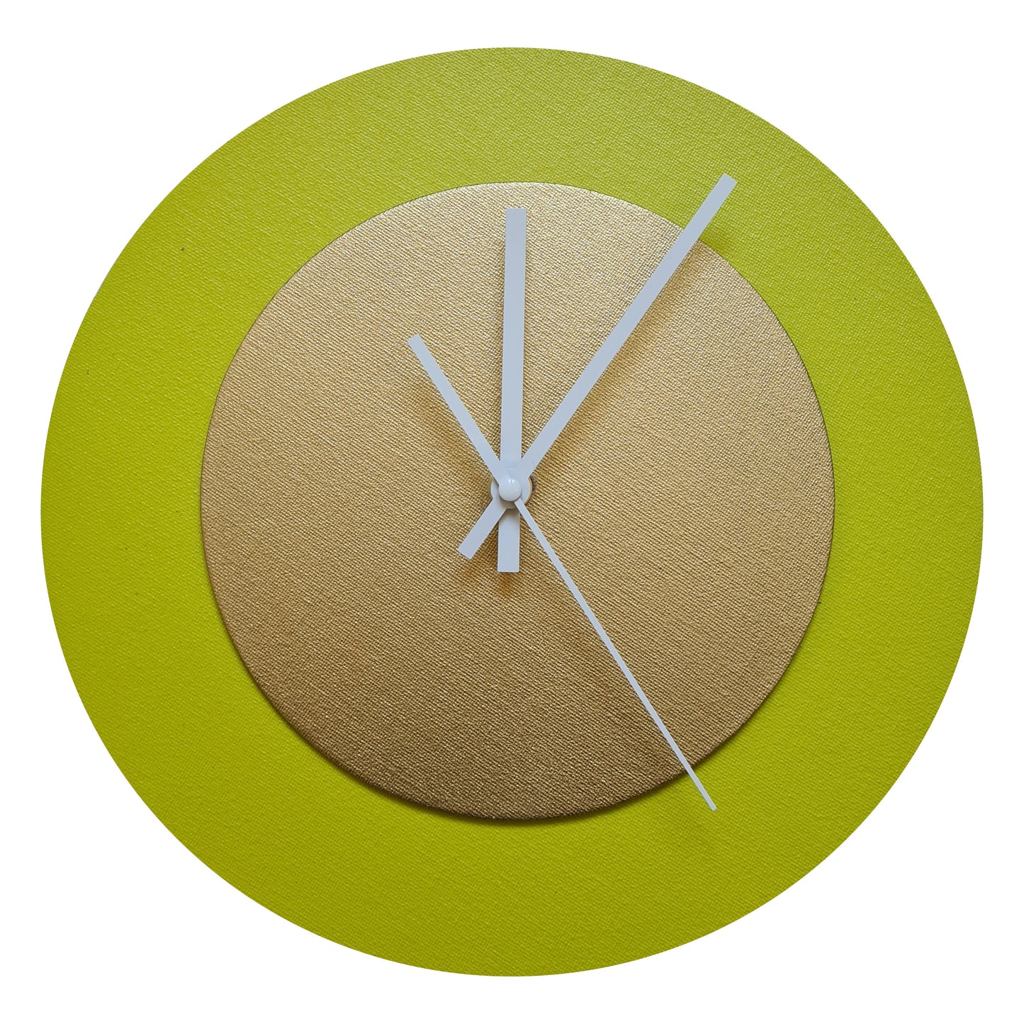 Pop Art Wanduhr Farngrün  Goldfarben mit weißen Zeigern 30 cm rund
