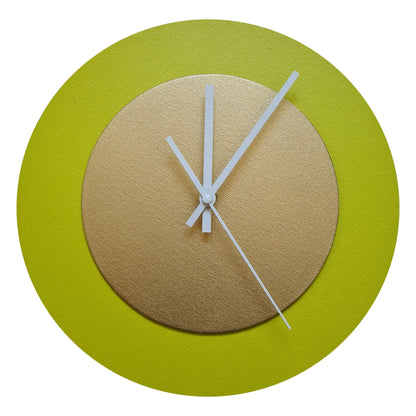 Pop Art Wanduhr Farngrün  Goldfarben mit weißen Zeigern 30 cm rund
