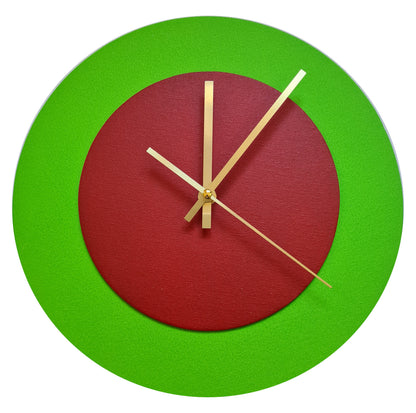 Pop Art Wanduhr Hellgrün  Dunkelrot mit goldenen Zeigern 30 cm rund
