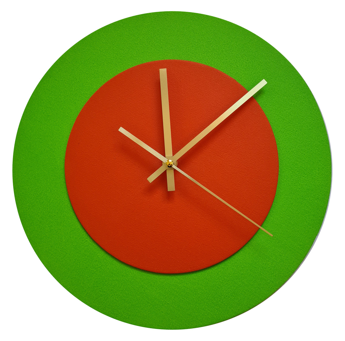 Pop Art Wanduhr Hellgrün  Orangefarben mit goldenen Zeigern 30 cm rund

