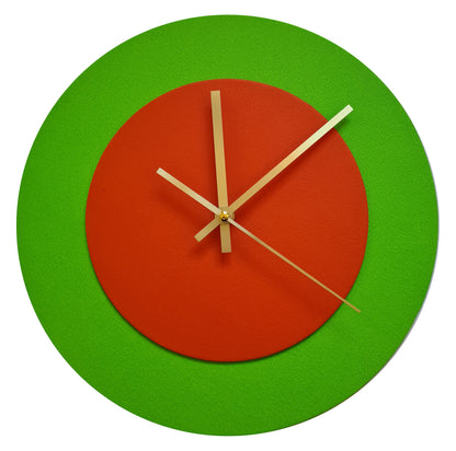 Pop Art Wanduhr Hellgrün  Orangefarben mit goldenen Zeigern 30 cm rund
