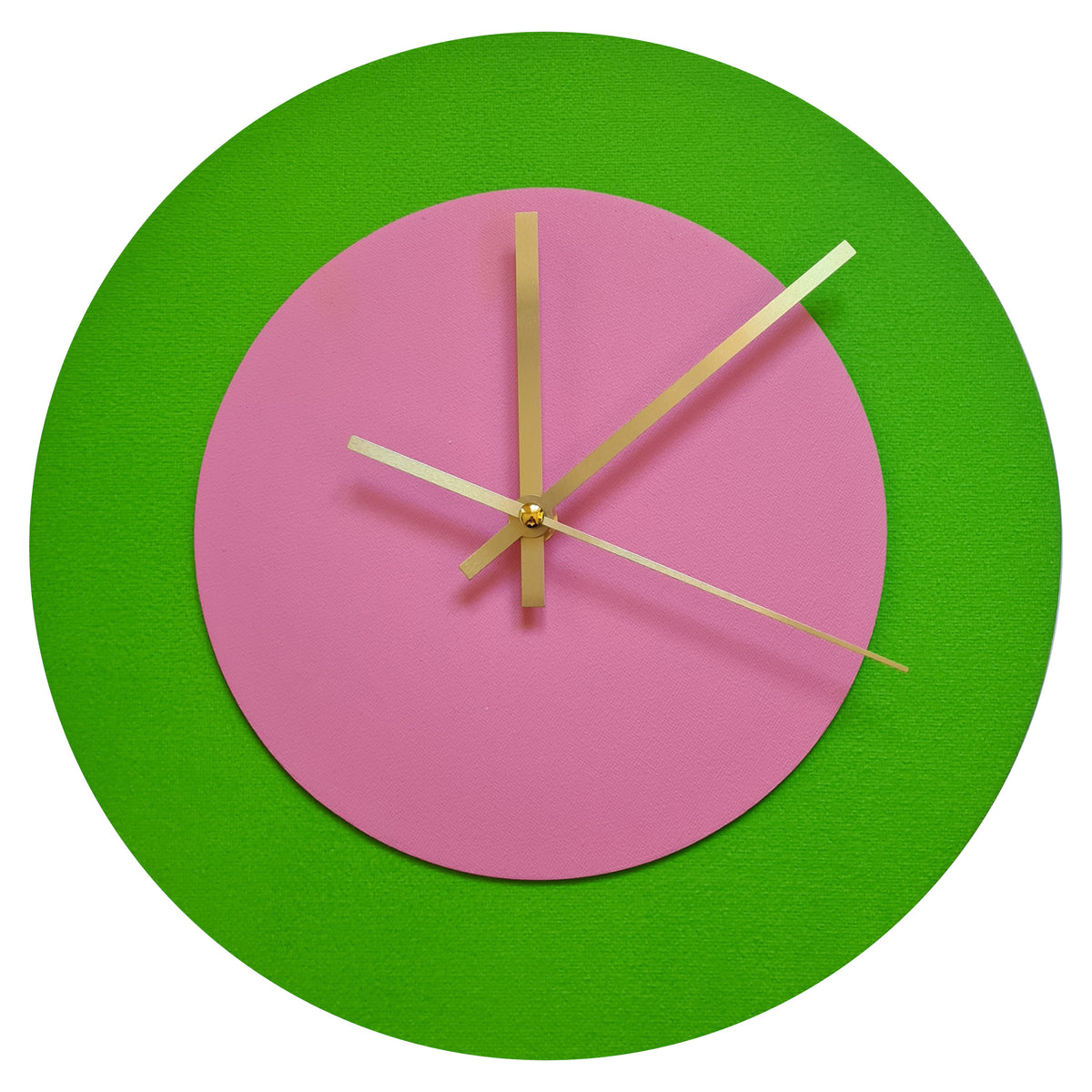 Pop Art Wanduhr Hellgrün  Rosafarben mit goldenen Zeigern 30 cm rund
