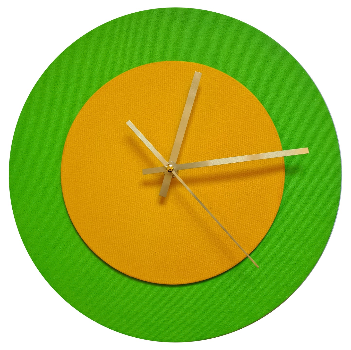 Pop Art Wanduhr Hellgrün  Sonnengelb mit goldenen Zeigern 30 cm rund
