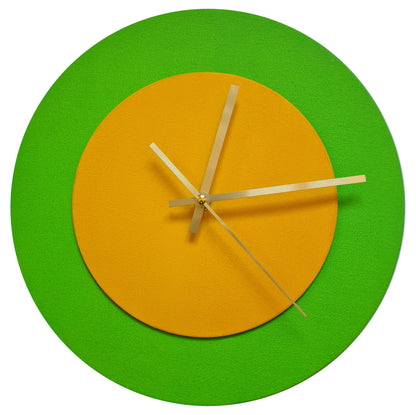 Pop Art Wanduhr Hellgrün  Sonnengelb mit goldenen Zeigern 30 cm rund
